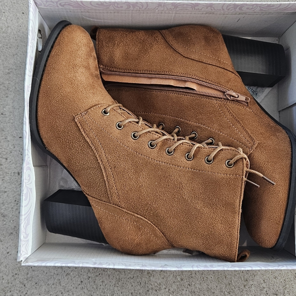 Brown (Cognac) Faux Suede Lace-Up Suede Boots *NEW IN BOX